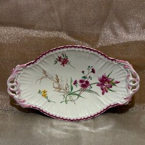 Two's Company White Floral Handled Serving Dish with Pink Trim